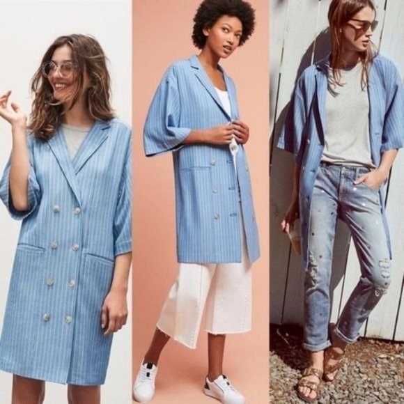 Anthropologie Striped Blazer Dress Denim Coat Jacket - Picture 3 of 8